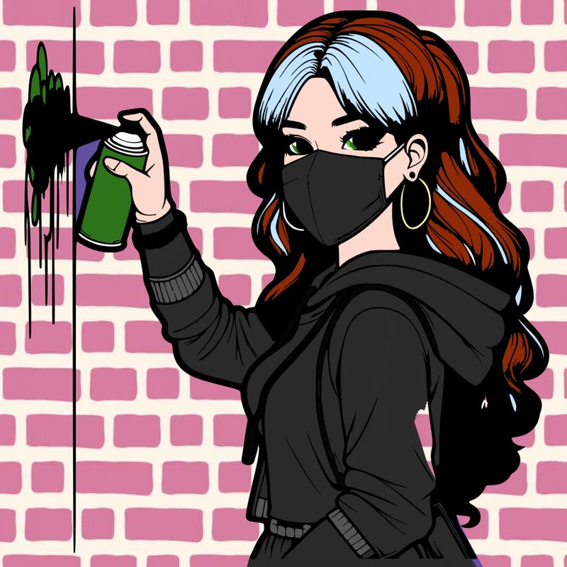 realistic girl with mask spray painting a wall