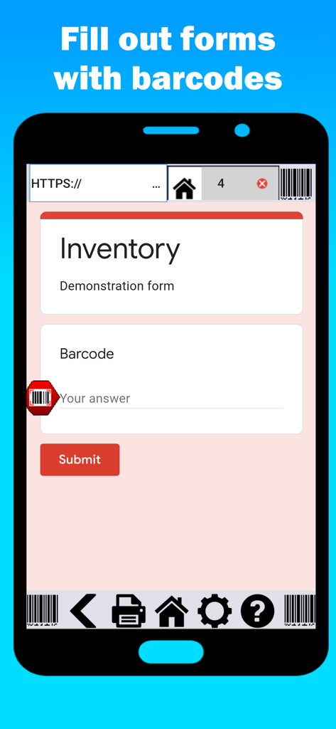 Schermata di uno smartphone che mostra l'interfaccia dell'app Barcode Scan to Web con un modulo di inventario