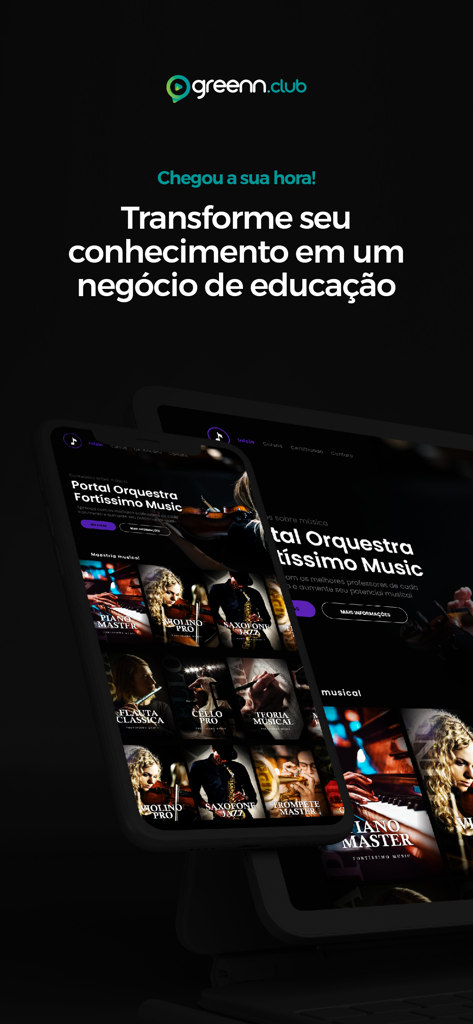 Greenn Club - Greenn Club app interface displayed on a smartphone and tablet showcasing online music courses and educational content.