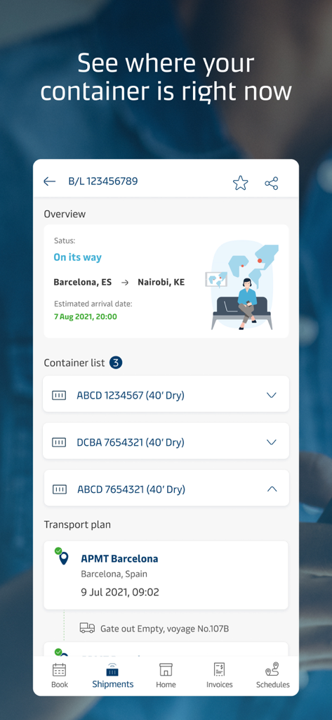 Maersk - 出荷ステータスと輸送計画を表示するマースクモバイルアプリのリアルタイムコンテナ追跡ダッシュボード