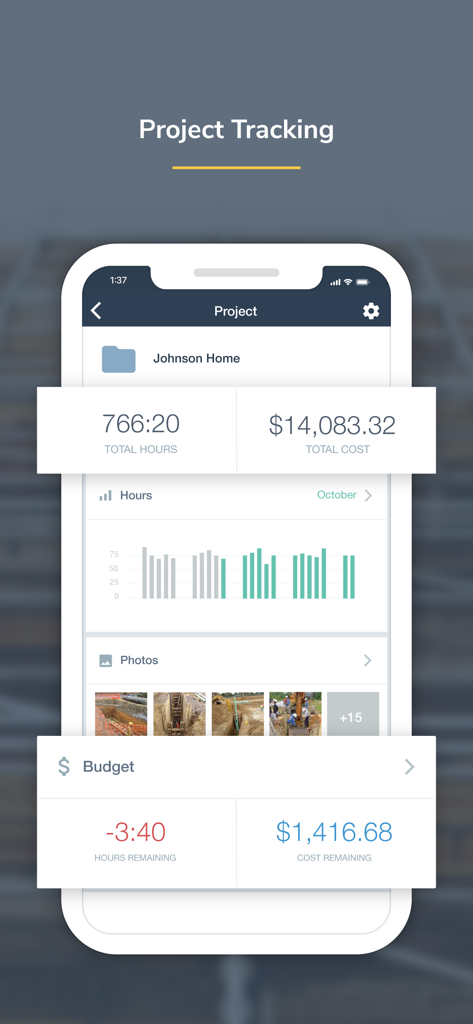 Project tracking screen in the busybusy app showing total labor hours costs and jobsite photos for a construction project