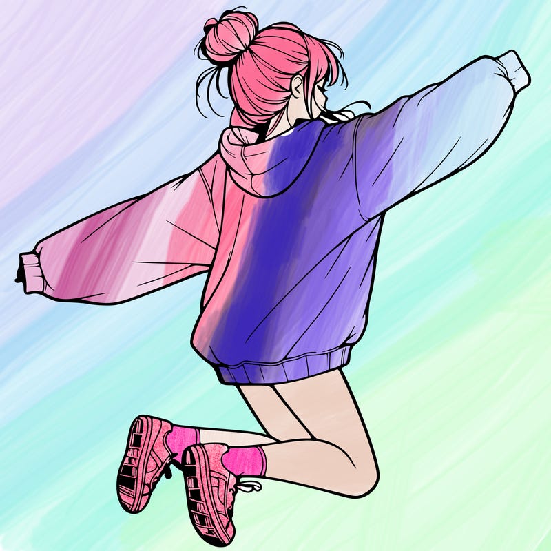 realistic girl jumping with a bun and oversized sweatshirt