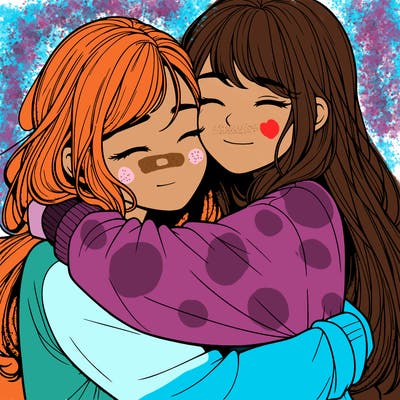 realistic two girls hugging
