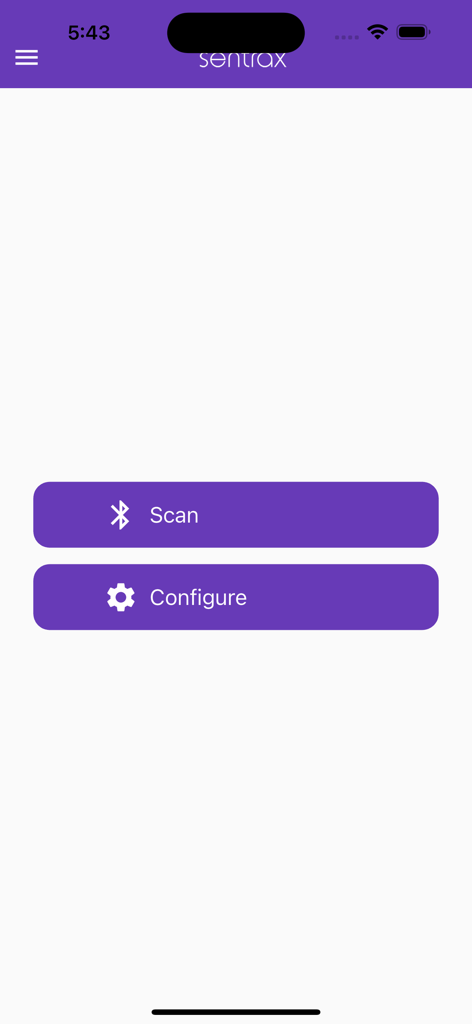 Sentrax Device Manager - Sentrax Device Manager home screen showing scan and configure buttons for beacon management