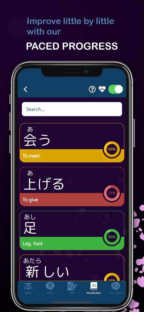 Kanji GO – Learn Japanese - Capture d'écran de l'application Kanji GO montrant des fiches de vocabulaire japonais avec des indicateurs de pourcentage de progression pour un apprentissage cadencé.