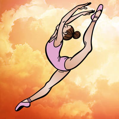 gymnast doing a leap in a leotard with a bent back leg