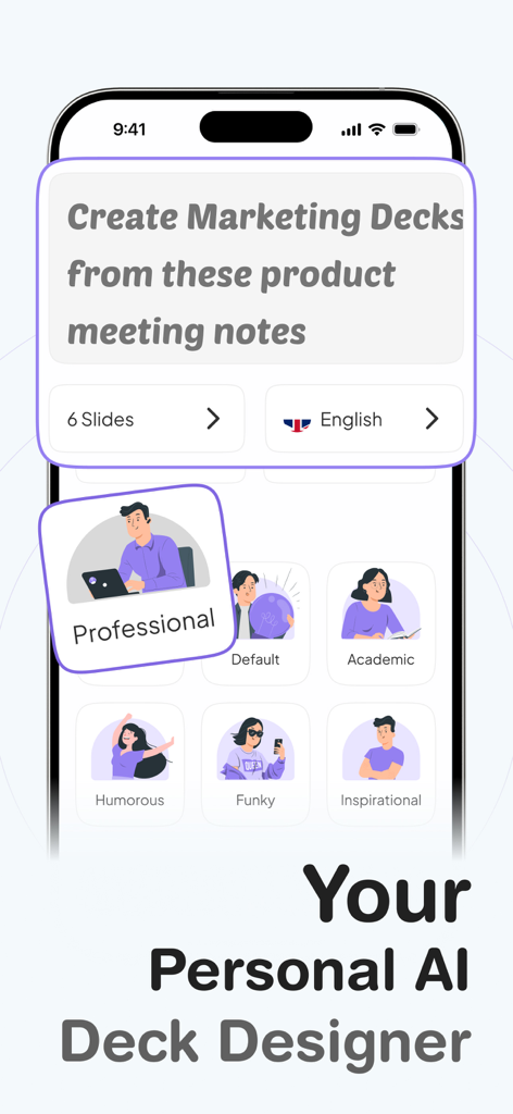 Beautiful AI Slides by GammaAI - Interface of DeckAI app showing a prompt to create a marketing deck and various presentation styles like professional and academic.