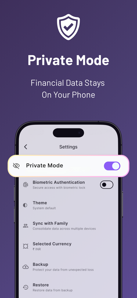 FinArt app settings screen showing the Private Mode toggle enabled for secure local financial data storage