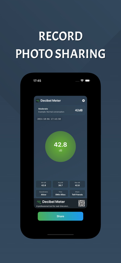 Decibel Meter: Expert Accuracy - Interface of the Decibel Meter app showing a noise level reading of 42.8 decibels and a share button.