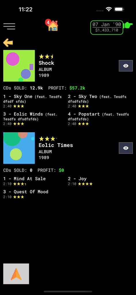 CD Market - Music Label Sim - A management screen in CD Market showing album sales data and tracklists for a record label