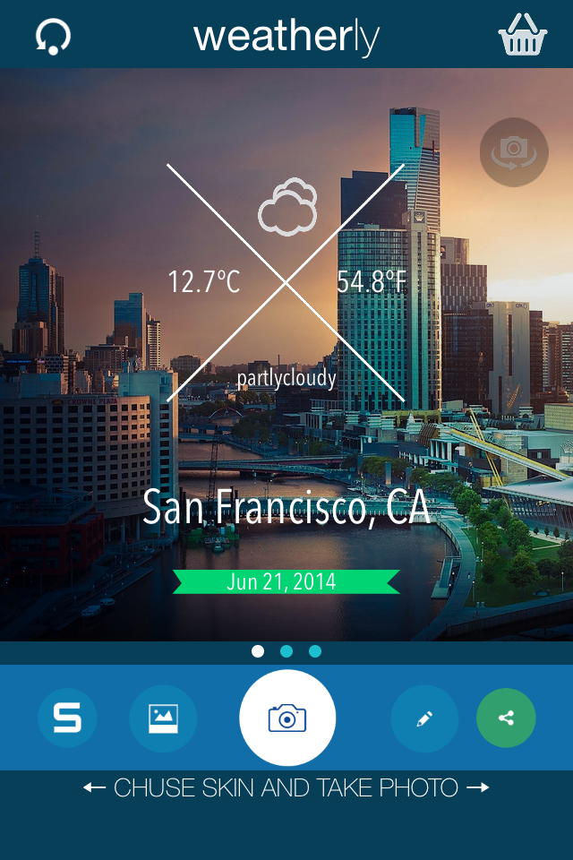 Weatherly - Weatherly app interface showing real time temperature and weather status over a San Francisco city skyline photo