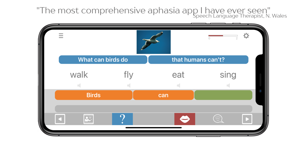 Interfaz de la aplicación móvil Cuespeak que muestra un ejercicio de construcción de frases para logopedia y recuperación de la afasia