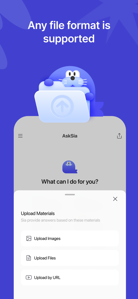 AskSia - Interfaz de la aplicación AskSia para subir materiales de estudio, incluyendo imágenes y archivos