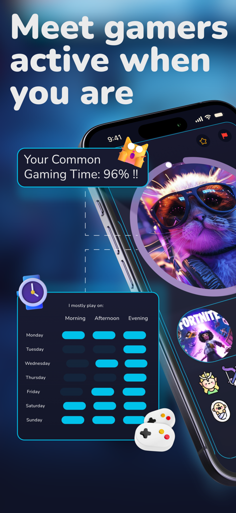 Noobly app interface showing common gaming times and a weekly availability schedule for matching players