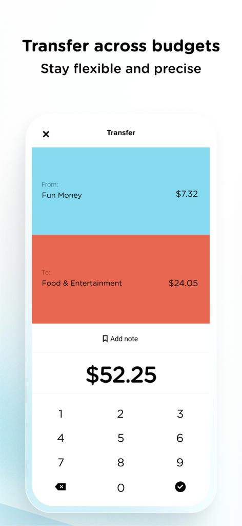 Pennies app screen for transferring money between different budget categories