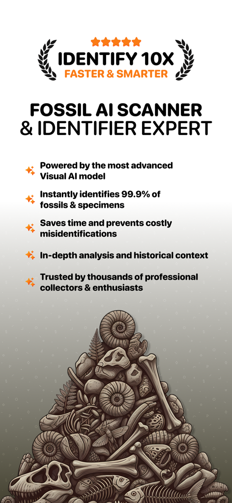 Fossil Identifier: Scan Fossil - Promotional screen for the Fossil Identifier app highlighting AI scanner features and specimen recognition