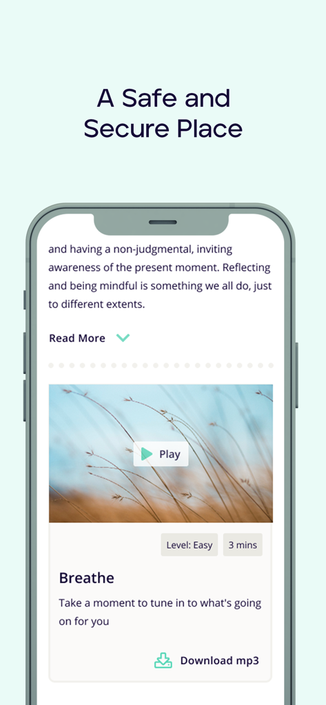 O aplicativo SilverCloud Health exibindo um módulo de exercício de respiração de três minutos em nível fácil intitulado Breathe.