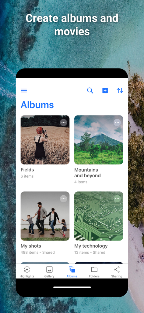Zefiro - Interface do aplicativo Zefiro mostrando álbuns de fotos organizados e recursos de gerenciamento de memórias
