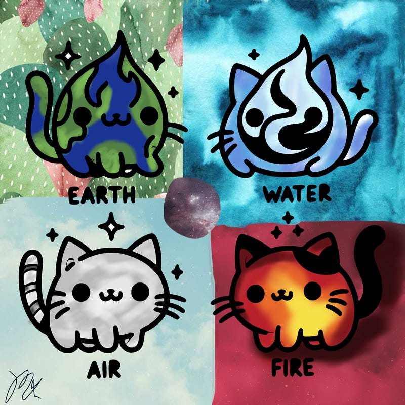 4 cats that represent the different elements, earth, water, air, and fire