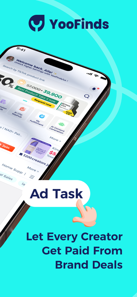 YooFinds Mobile-App-Bildschirm mit Hervorhebung von Werbeaufgaben und Markenangeboten für TikTok-Content-Ersteller