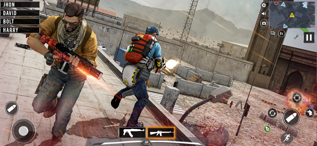 Tactical commando squad engaging in urban combat gameplay with realistic weapons