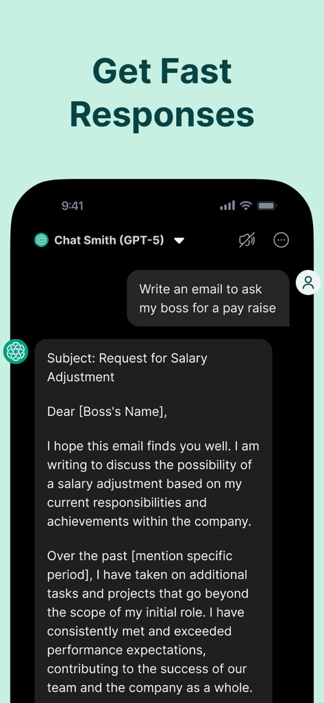 Chat Smith AI assistant drafting a professional email request for a salary increase on a mobile device.