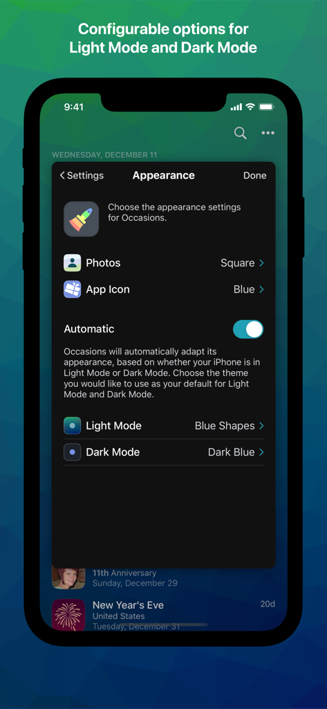 Occasions 3 - Reminders - Appearance settings screen in the Occasions 3 app showing options for themes and light or dark mode customization.