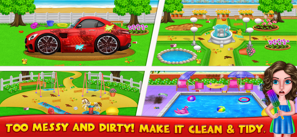 Messy House Cleaning Games - Uma colagem mostrando níveis de carro sujo, jardim, playground e piscina de um jogo de limpeza de casa para crianças.