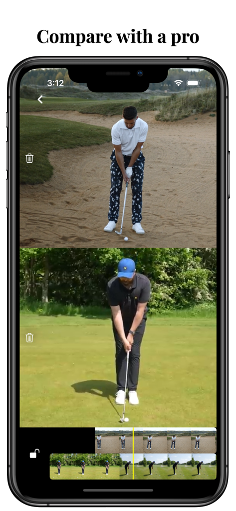 GameEye: Sport Video Analysis - GameEyeモバイルアプリのインターフェース。スポーツパフォーマンス分析のために2つのゴルフ動画を並べて表示する分割画面を表示。