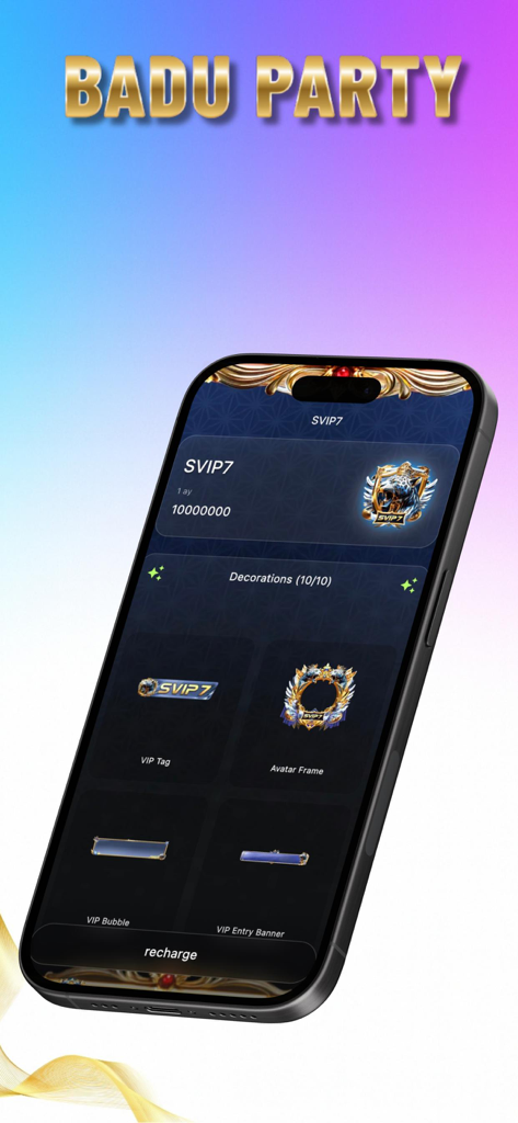 Badu - Live Stream, Go Live - A mobile screen from the Badu app displaying SVIP7 profile status and various decorations like avatar frames and VIP tags.