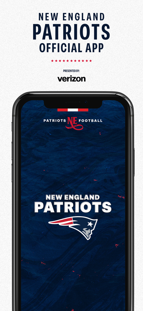 Official New England Patriots mobile app splash screen featuring the team logo on a dark blue background