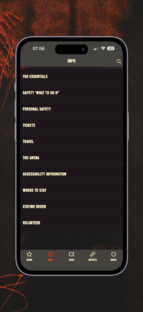 Reading Festival - Reading Festival app info screen showing sections for safety tickets and travel