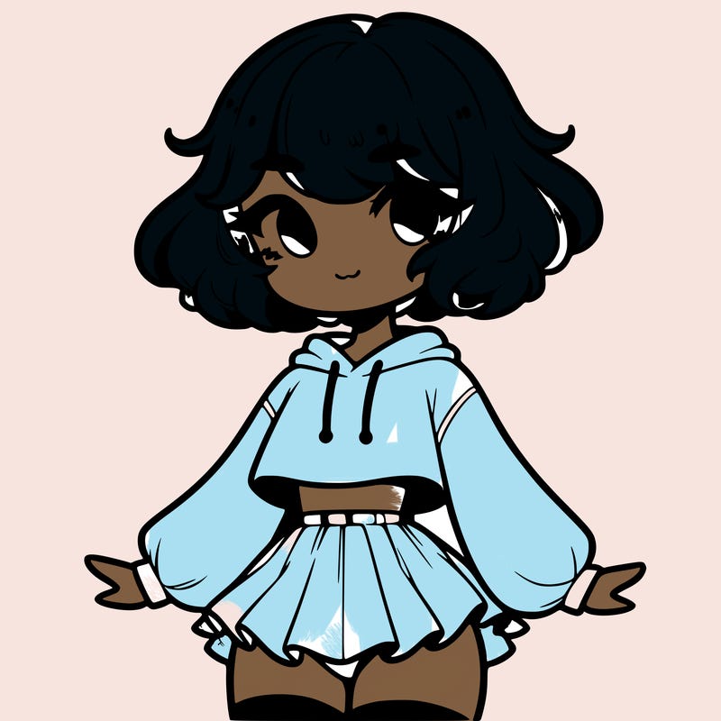 cute femboy with short, fluffy hair that softly frames their face, wearing a cropped hoodie, paired with a flouncy short skirt, and thigh-high stockings