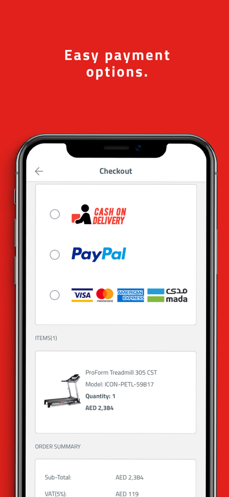 Active Fitness Store - Active Fitness Store app checkout screen showing payment methods like PayPal and credit cards for a treadmill order