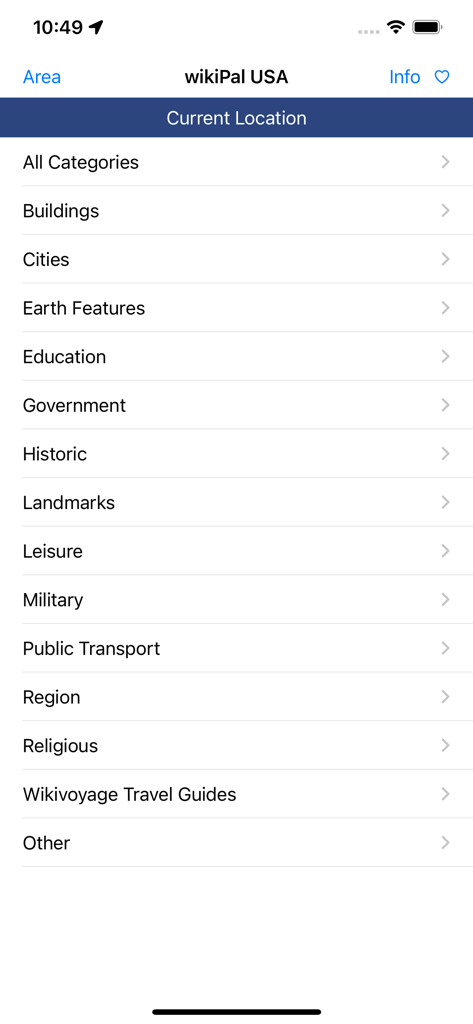 WikiPal USA App-Oberfläche mit einer Liste von Kategorien zum Erkunden von Orten in der Nähe, einschließlich Gebäuden, Städten und historischen Stätten