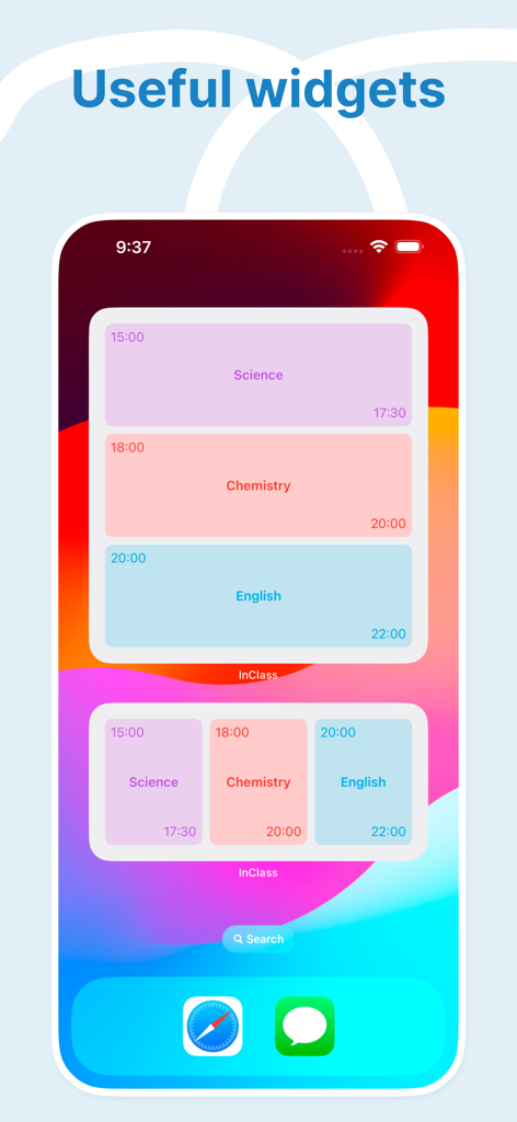 InClass - School Planner - iOS home screen showing color coded school planner widgets with a daily class schedule for Science Chemistry and English
