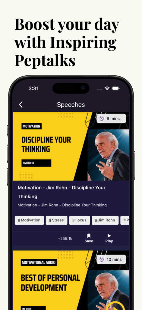 Rain Sleep Sounds & Meditation - Mobile app screen displaying motivational peptalks and inspiring speeches from world class speakers
