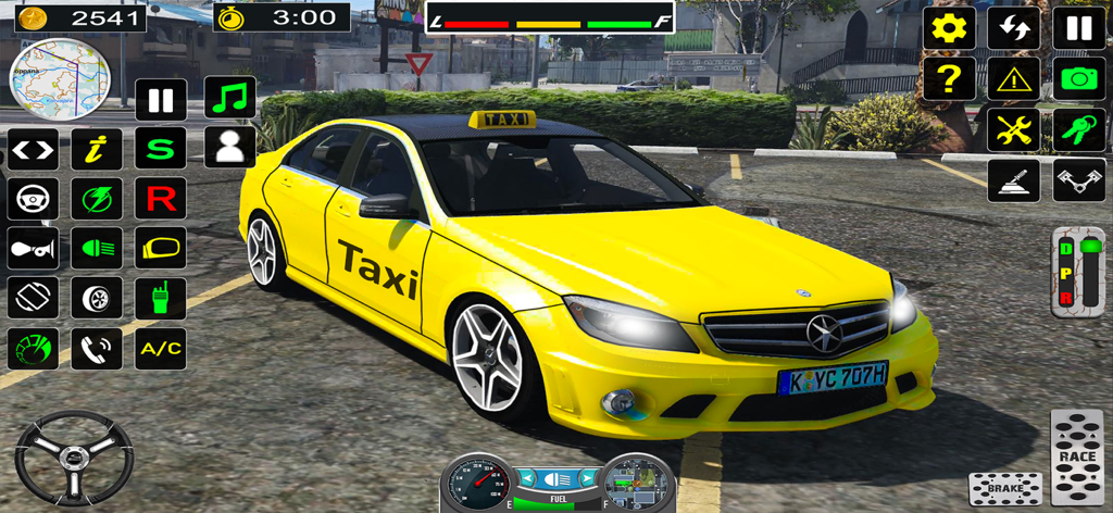 Mountain Offroad Taxi Car Game - Yellow taxi car in a mobile driving simulator interface