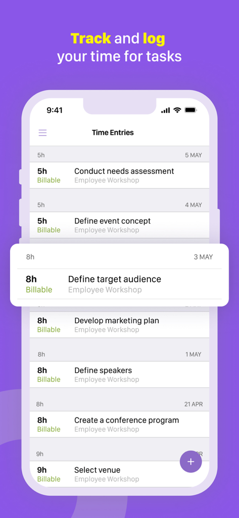 Une interface mobile de Birdview affichant une liste d'entrées de temps facturables pour diverses tâches de projet.