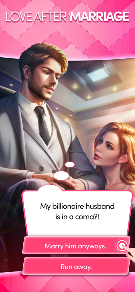 Uno screenshot di gioco da Chapters: Interactive Stories che mostra un giocatore che sceglie di sposare un ricco marito in coma.