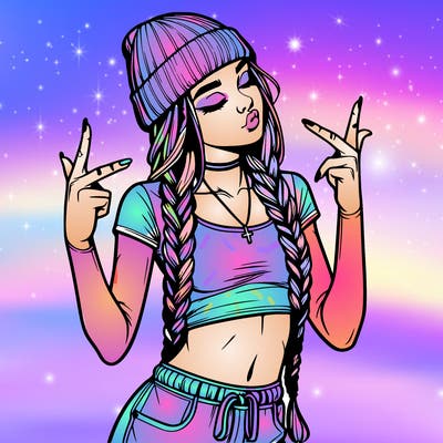 realistic teenage girl with braids and a beanie and crop top doing 🫶🏼