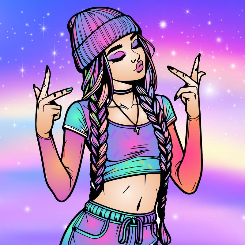 realistic teenage girl with braids and a beanie and crop top doing 🫶🏼