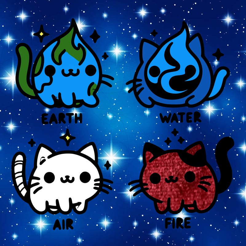 4 cats that represent the different elements, earth, water, air, and fire