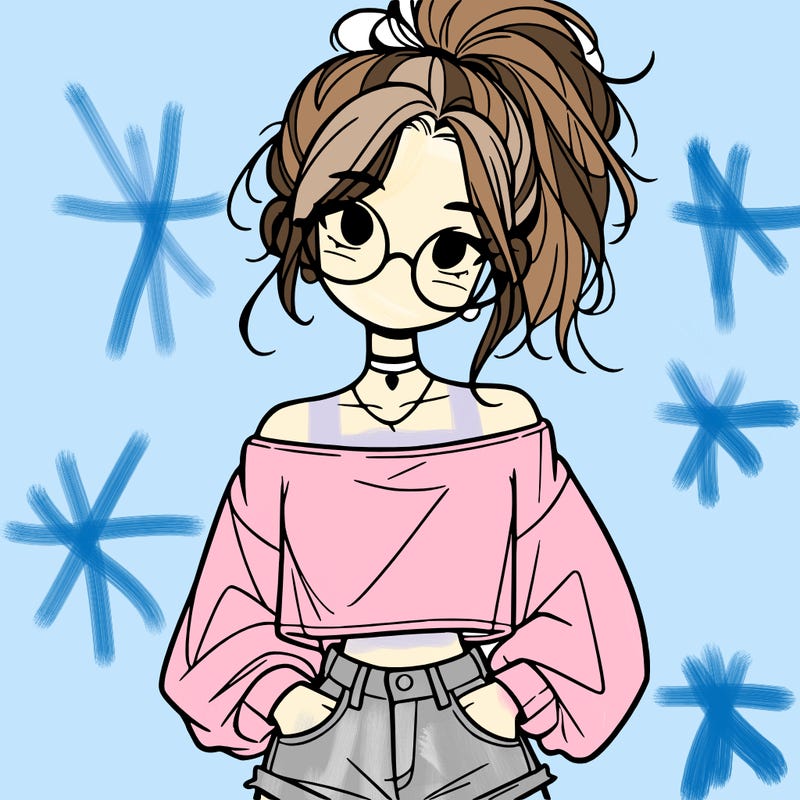 girl with a messy ponytail glasses a baggy crop top and jean shorts