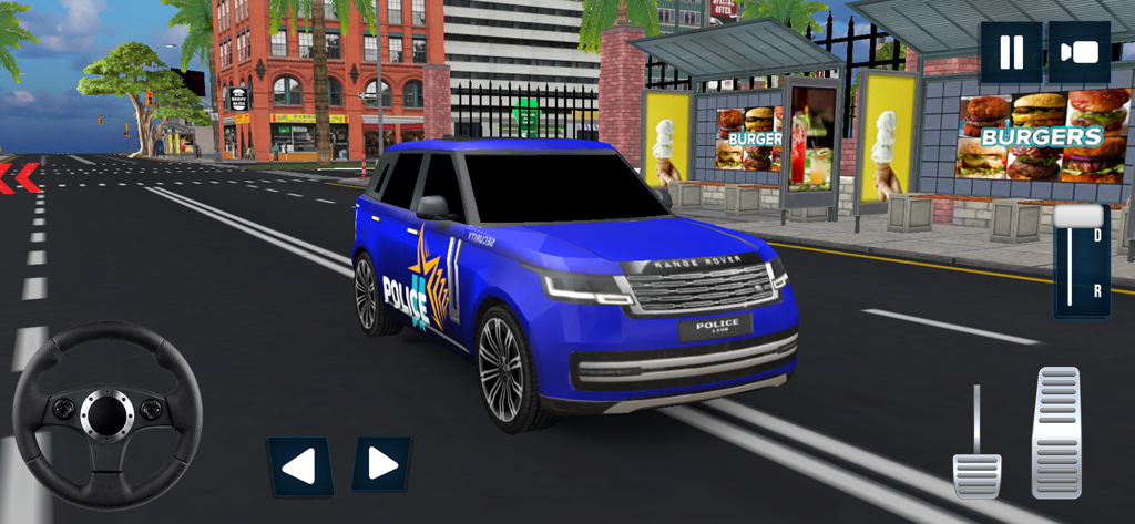 City Police Simulator: Cop Car - Un SUV de policía azul conduciendo por una calle de la ciudad con controles de dirección y pedales del juego móvil