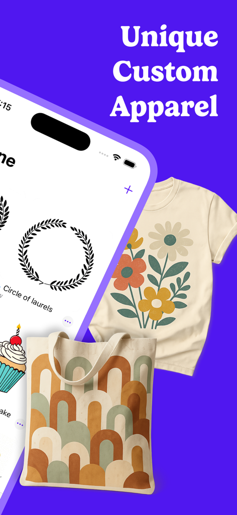 Crafti: Design for Makers - A smartphone showing the Crafti app interface next to a custom printed floral t-shirt and a patterned tote bag.
