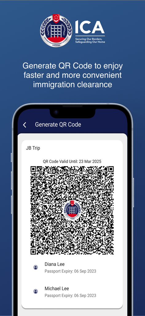 MyICA Mobile app screen showing a QR code for immigration clearance