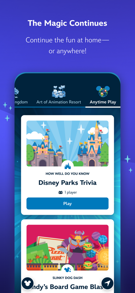 Mobile app screen for Play Disney Parks showing trivia and interactive games available for play anywhere