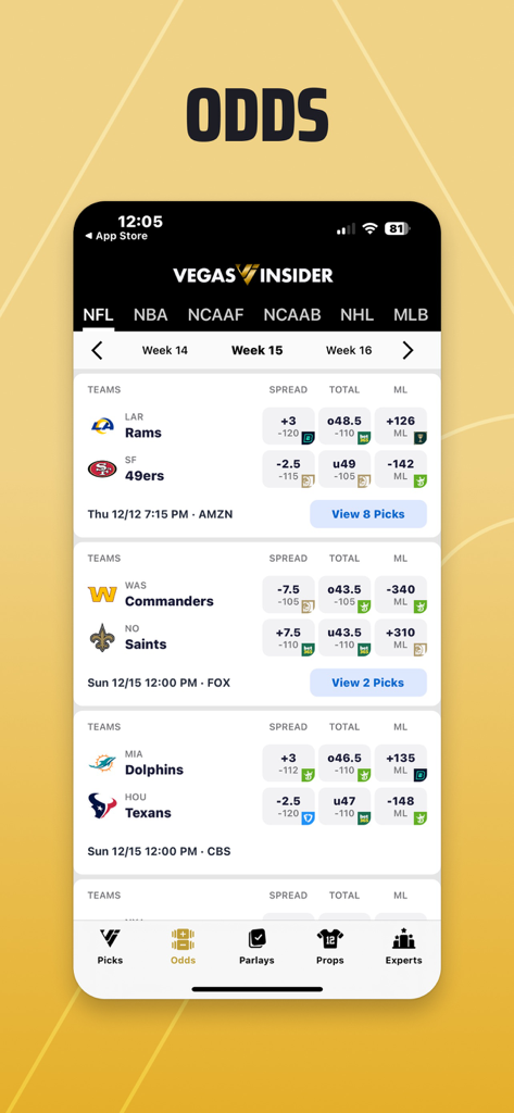 VegasInsider Betting Tips - iPhone app screen showing NFL Week 15 betting odds and point spreads on VegasInsider