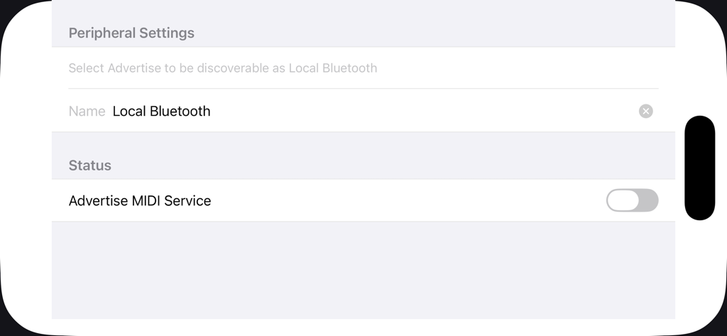 Bluetooth Midi Keyboard - Écran des paramètres du périphérique montrant le bouton d'activation du service MIDI publicitaire